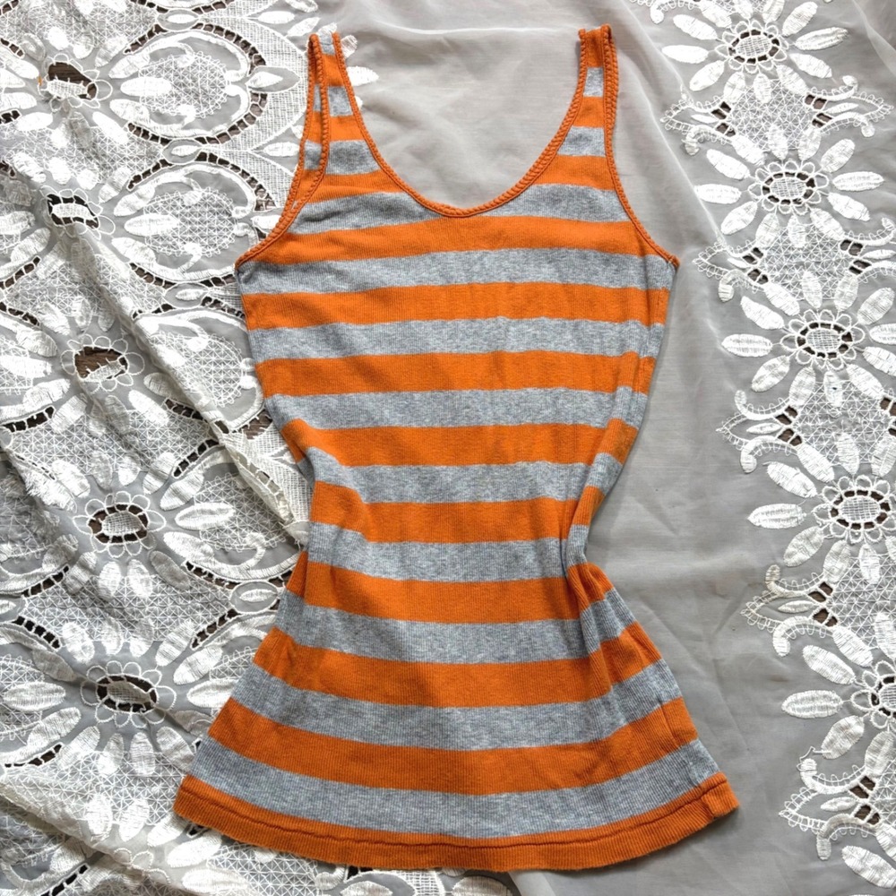 Y2K Grunge Fall Layering Orange Gray Striped Tank Top Size Large 100% Cotton